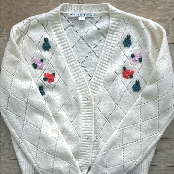 HYFVE Sweaters - Ivory Diamond-Knit Cardigan with Floral Embroidery Cottagecore Cardigan